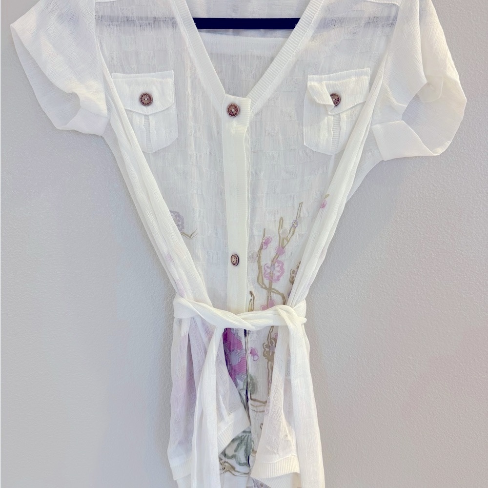Lulumari White Sheer Blouse with Floral Accents